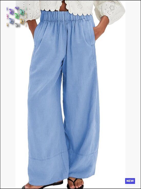 Pants - Plus Size Cotton Linen Palazzo Pants Wide Leg Boho Casual Trousers with Pockets